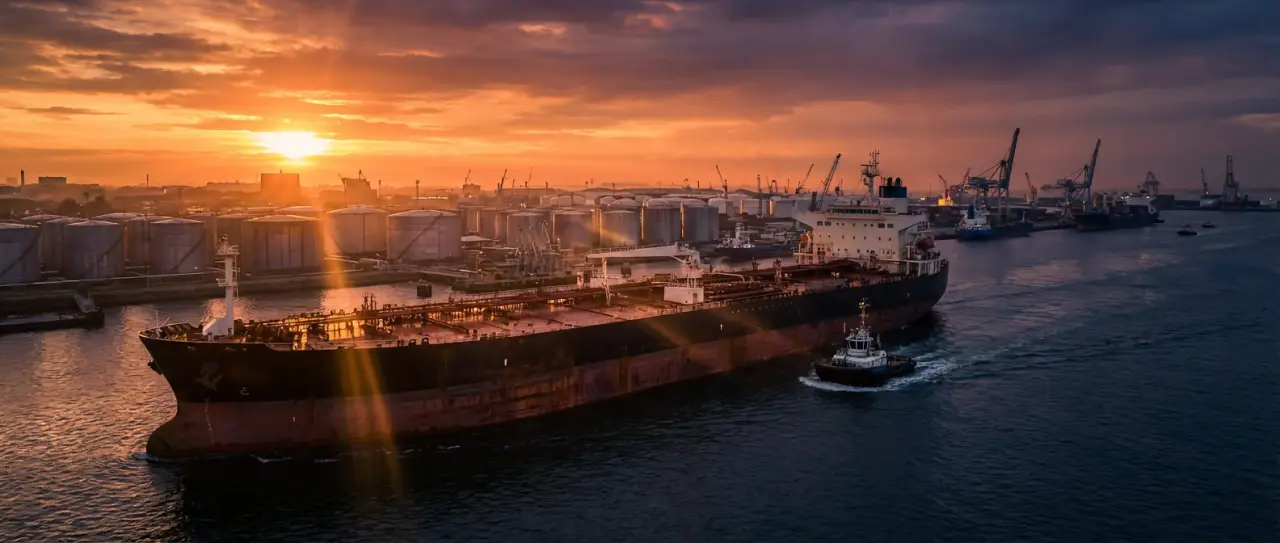 Crude oil tanker berthing at an industrial port terminal at sunset