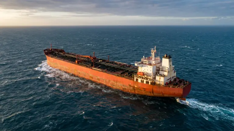 Aframax tanker crossing open sea under clear skies