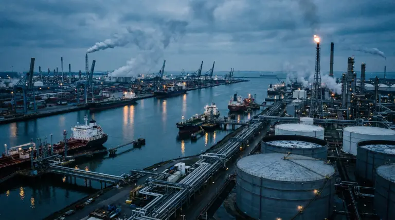 Bonny Terminal at night with loading jetties and tank farm infrastructure