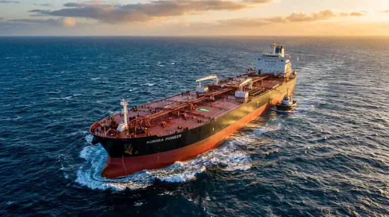 Loaded Suezmax crude tanker sailing in open water at sunset