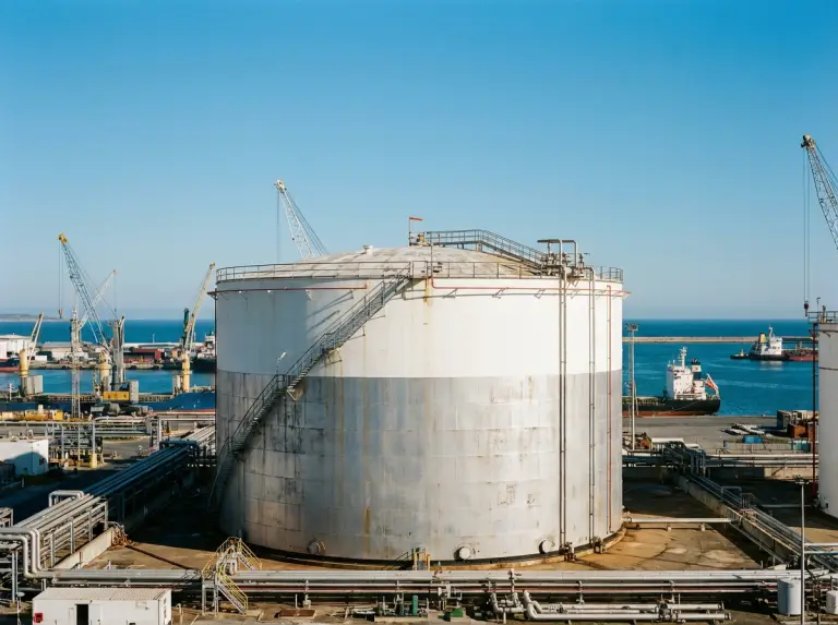 Aerial view of Storage Terminal A with white bulk storage tanks beside a loading jetty
